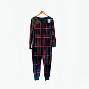 Womens Hearth and Hand Button-Up Plaid Onesie - M - Black, Red, and Green/Blue